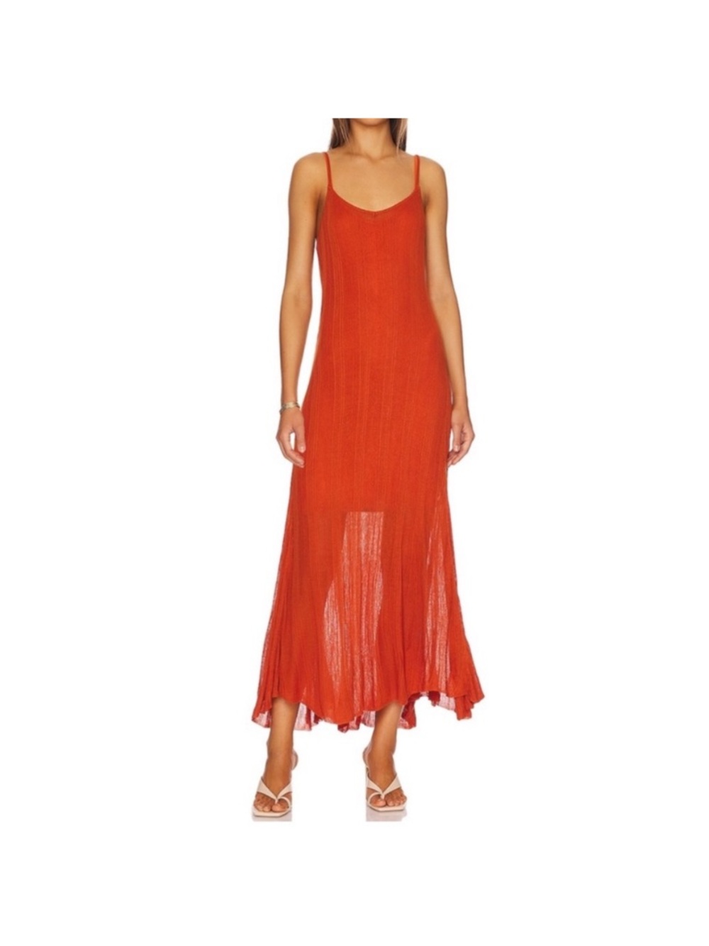 Astr Orange Ribbed Maxi Slip Dress with Spaghetti Straps